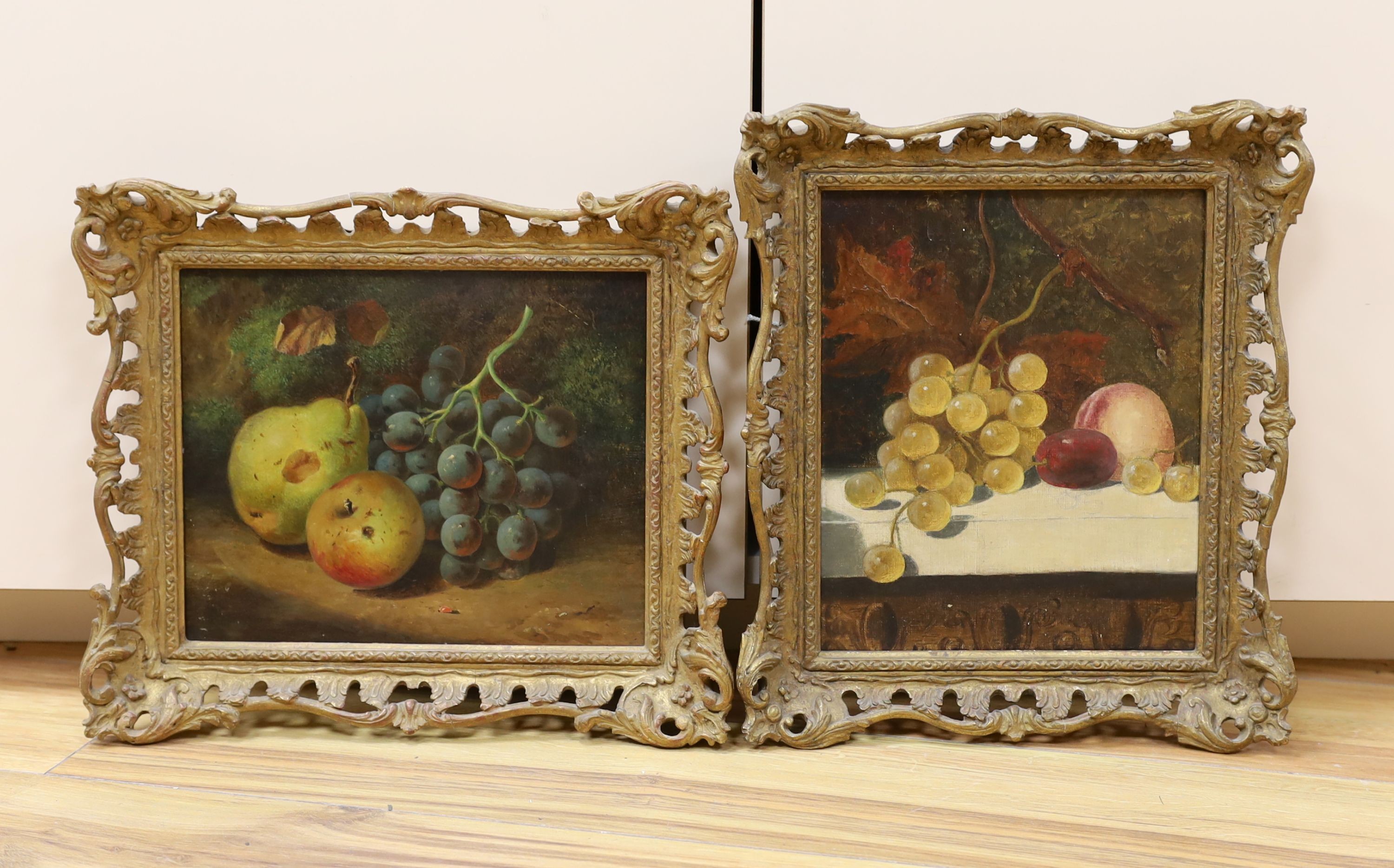 Victorian School, oil on board, Still life of a pear, apple and grapes, 22 x 27cm and a similar oil on canvas, 27 x 22cm